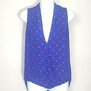 Zara Woman Tank Top blouse cross over flowy Blue Red ikat Geometric Prin…